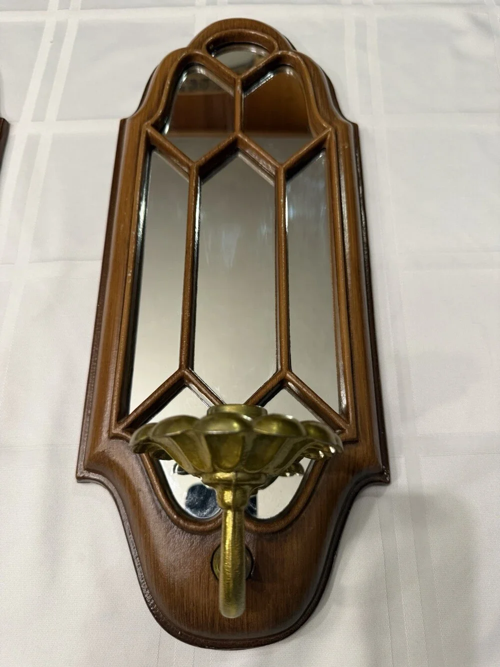 Vintage MCM Metal Mirrored Candle Wall Sconces Faux Wood Sexton HODA Pair